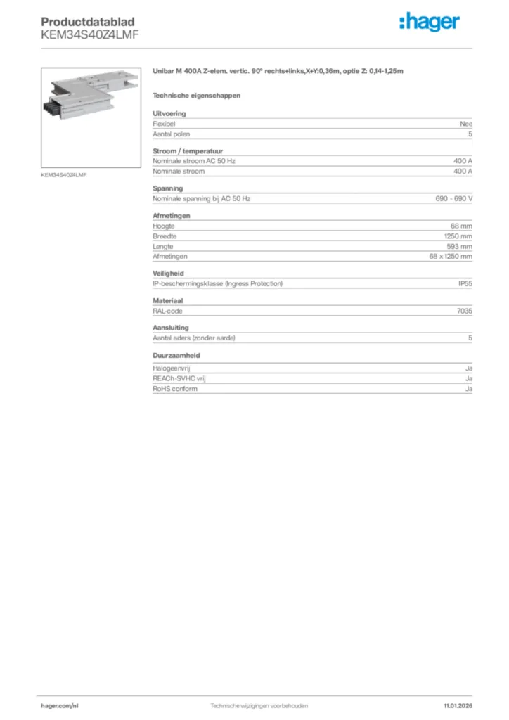 Afbeelding Hager Productdatablad KEM34S40Z4LMF | Hager Nederland