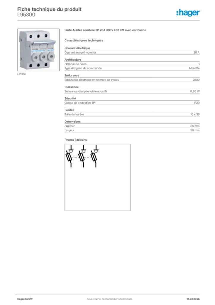 Image Hager Fiche technique du produit L95300 | Hager France