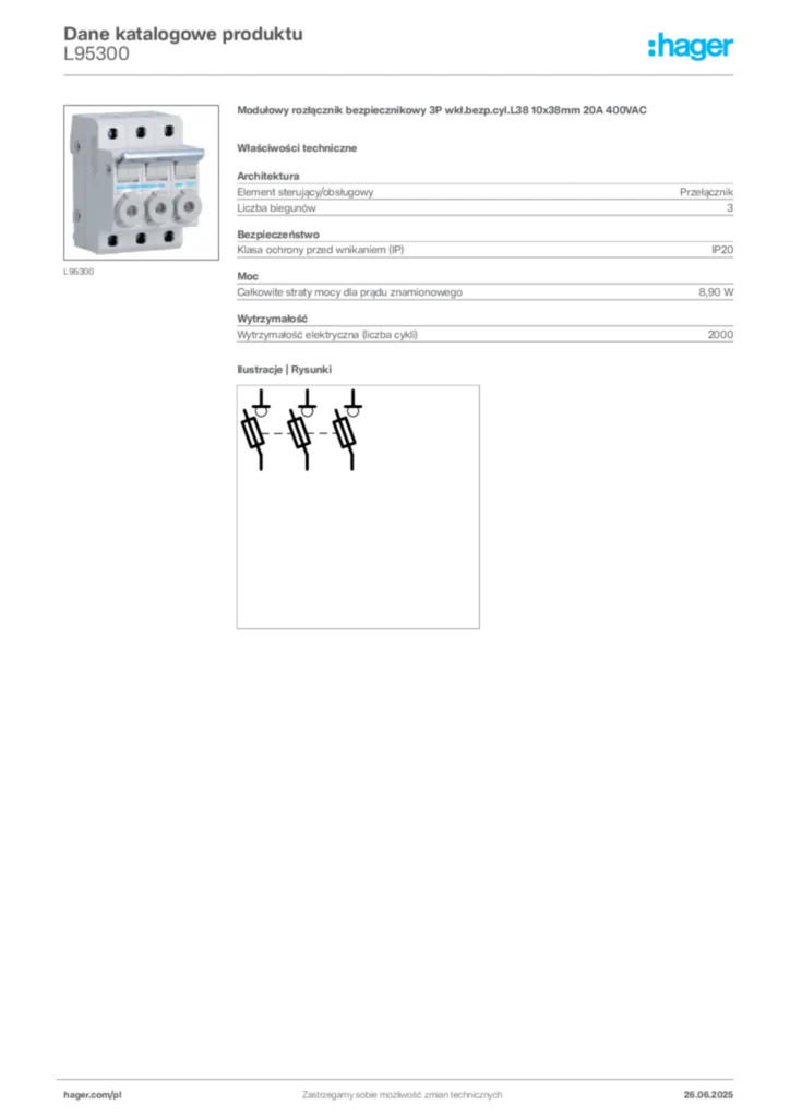 Zdjęcie Hager Dane katalogowe produktu L95300 | Hager Polska