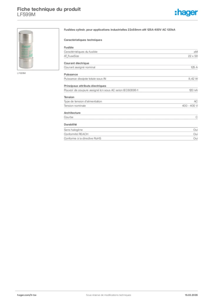 Image Hager Fiche technique du produit LF599M | Hager Belgique