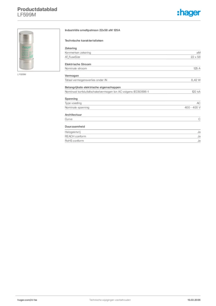 Afbeelding Hager Productdatablad LF599M | Hager Belgium