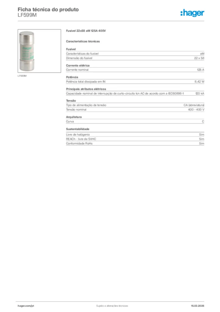 Imagem Hager Ficha técnica do produto LF599M | Hager Portugal