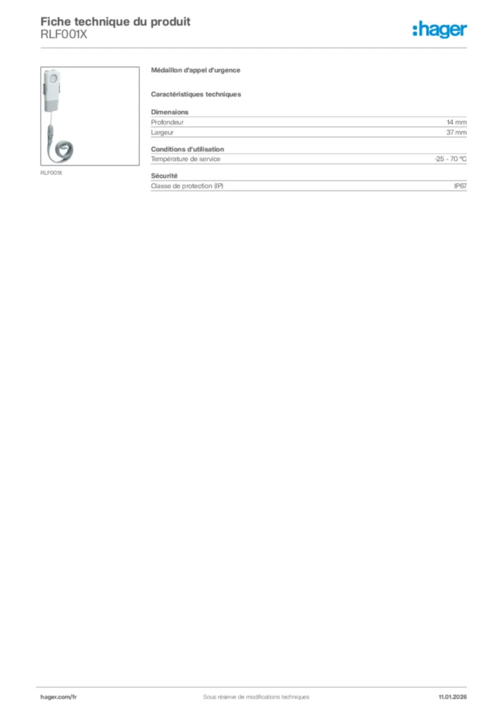Image Hager Fiche technique du produit RLF001X | Hager France