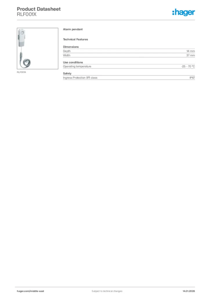 Image Hager Product data sheet RLF001X  | Hager