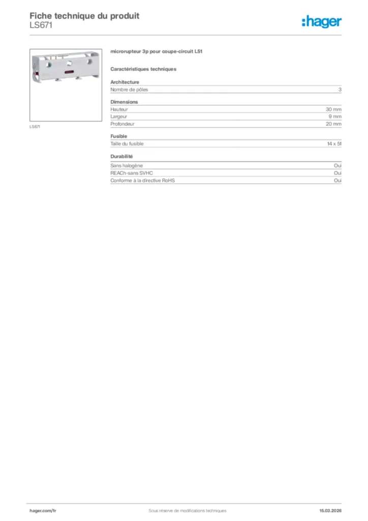 Image Hager Fiche technique du produit LS671 | Hager France