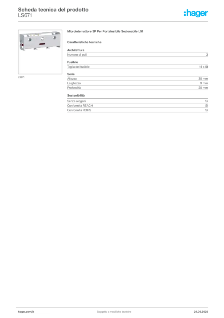 Immagine Hager Scheda tecnica del prodotto LS671 | Hager Italia