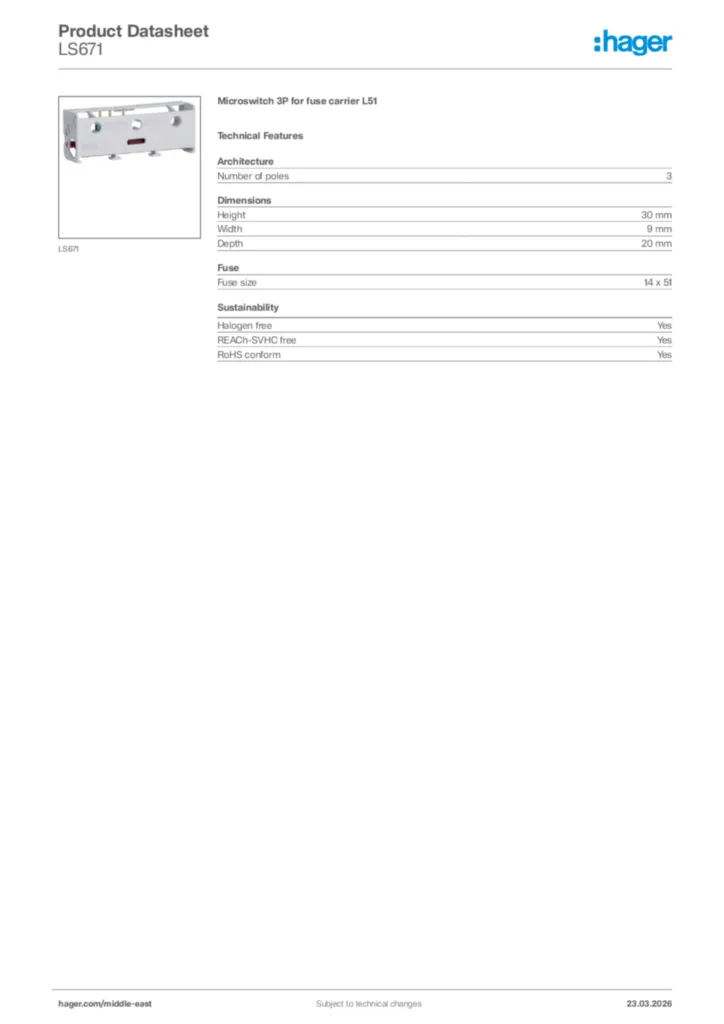 Image Hager Product data sheet LS671  | Hager