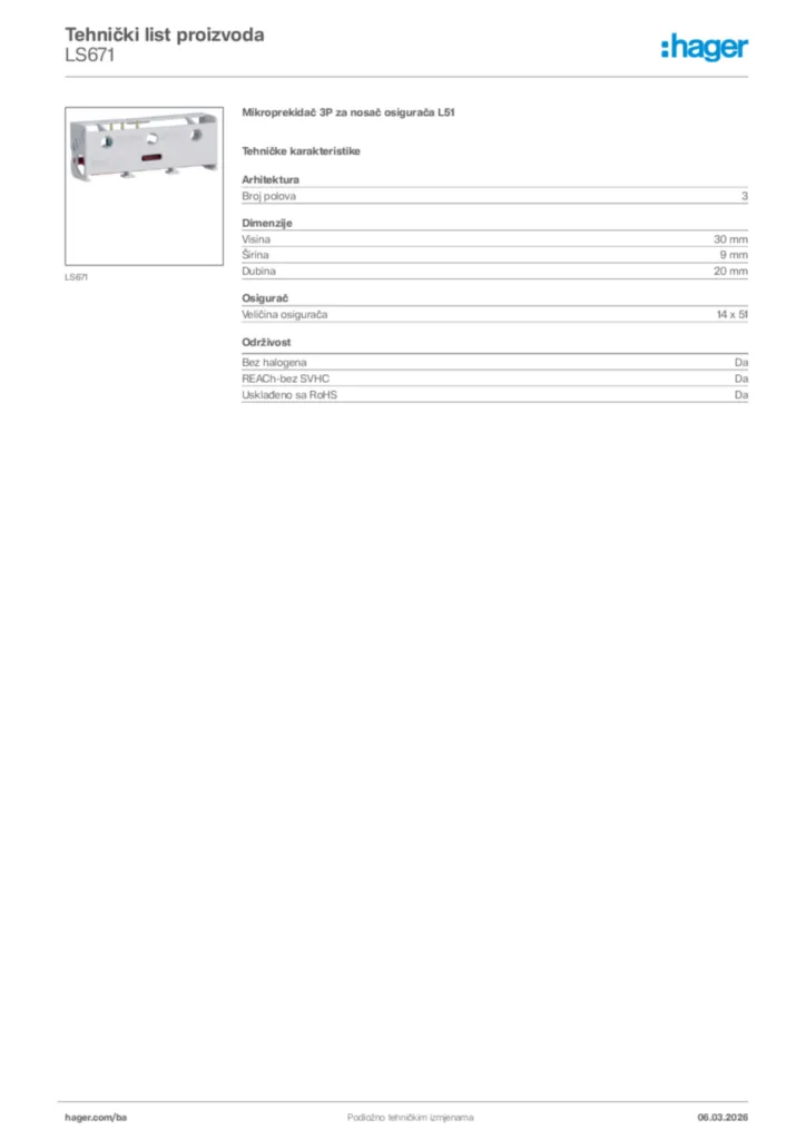 Slika Hager Tehnički list proizvoda LS671  | Hager