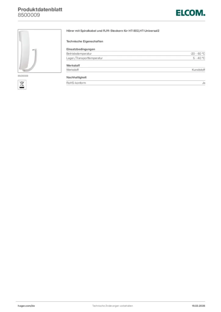 Bild Elcom Produktdatenblatt 8500009 | Hager Deutschland