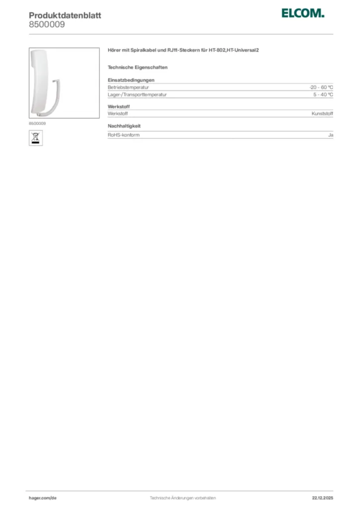 Bild Elcom Produktdatenblatt 8500009 | Hager Deutschland