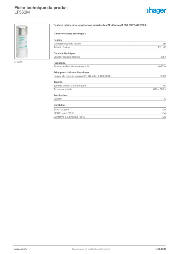 Image Hager Fiche technique du produit LF563M | Hager France