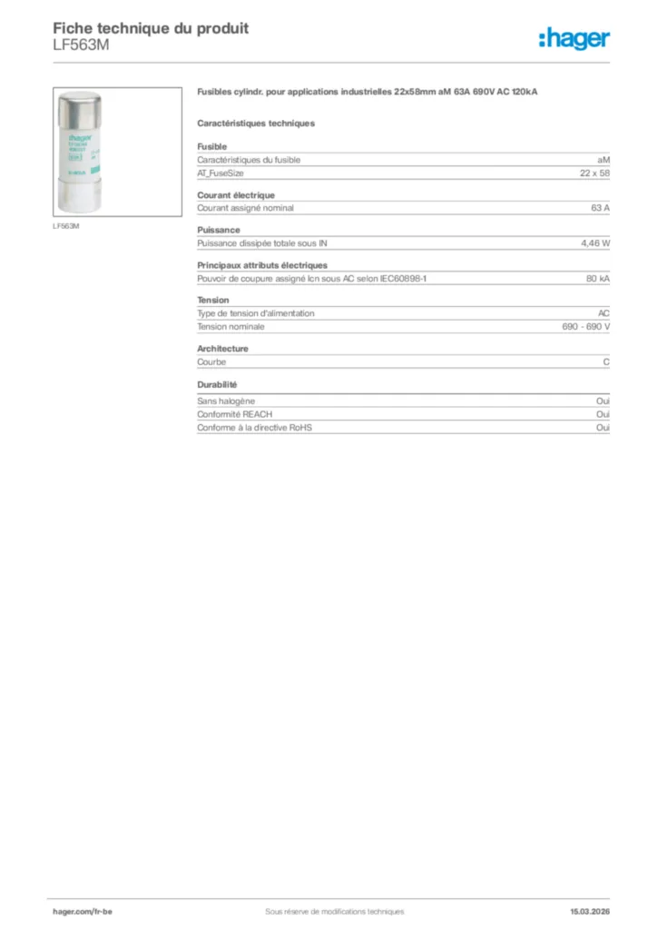 Image Hager Fiche technique du produit LF563M | Hager Belgique