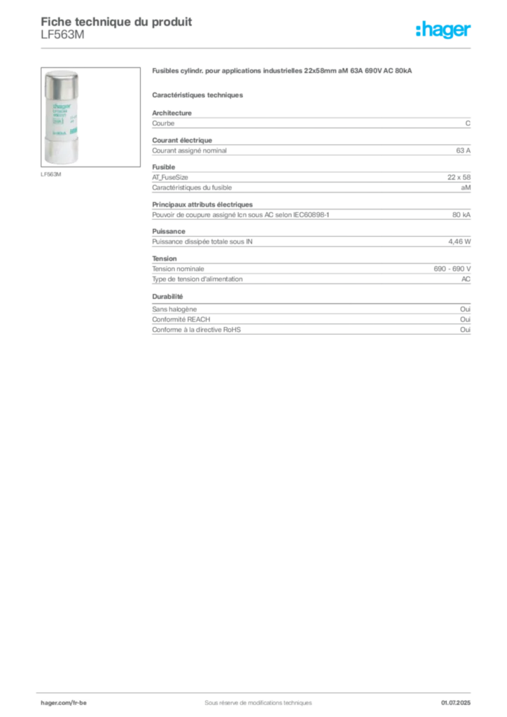 Image Hager Fiche technique du produit LF563M | Hager Belgique