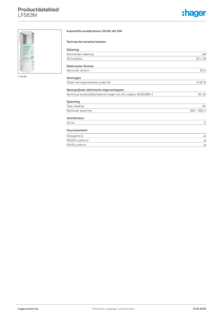 Afbeelding Hager Productdatablad LF563M | Hager Belgium
