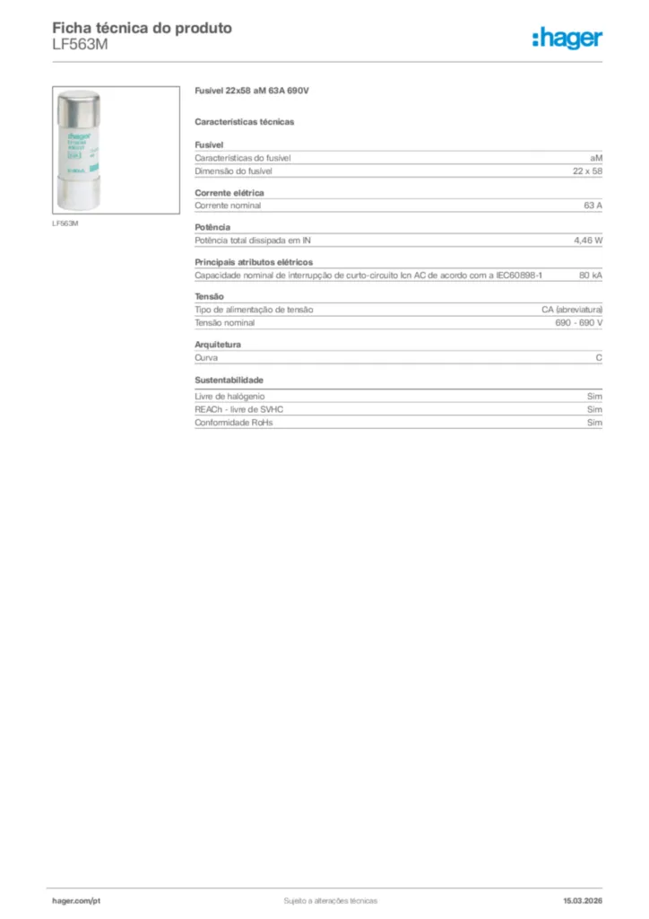 Imagem Hager Ficha técnica do produto LF563M | Hager Portugal