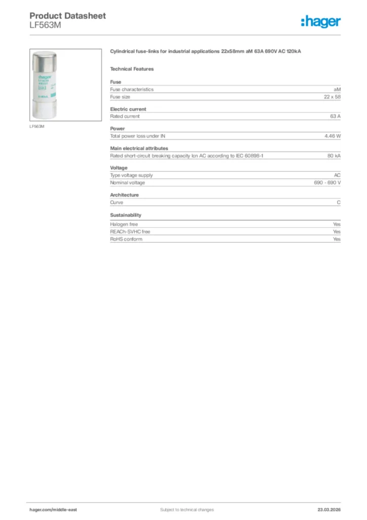 Image Hager Product data sheet LF563M  | Hager