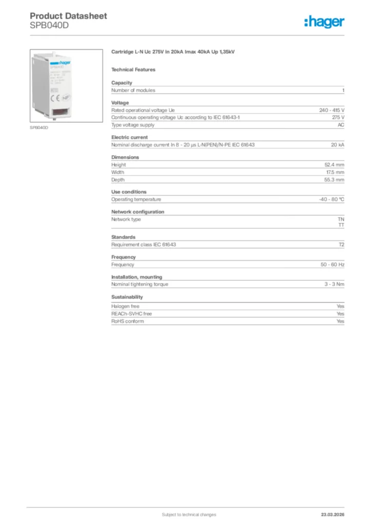 Image Hager Product data sheet SPB040D  | Hager Africa