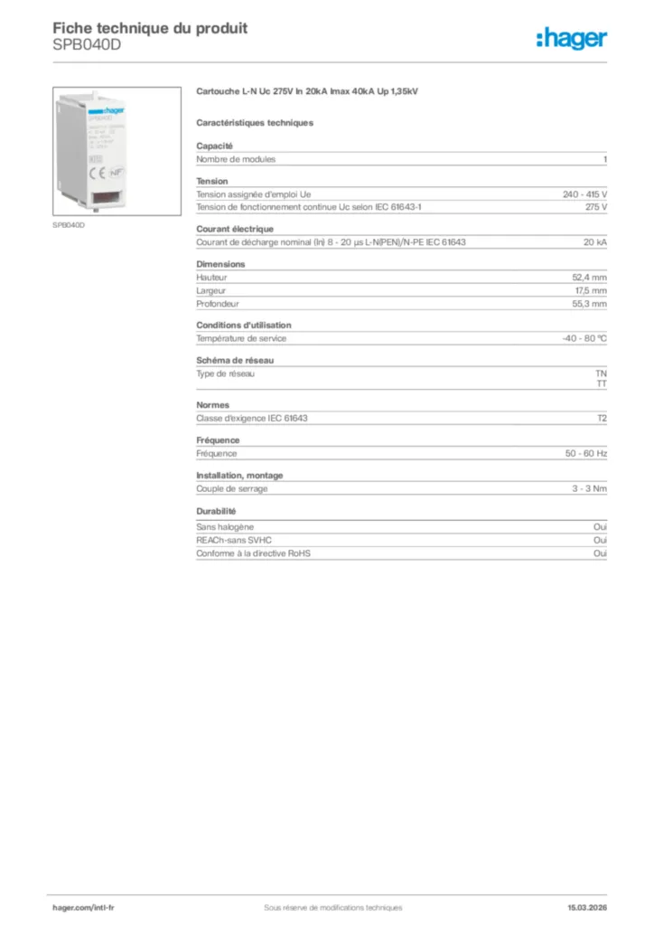 Image Hager Fiche technique du produit SPB040D | Hager Afrique