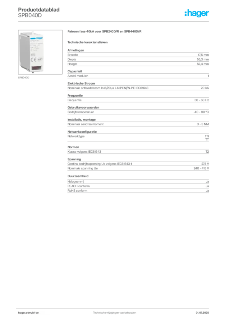 Afbeelding Hager Productdatablad SPB040D | Hager Belgium