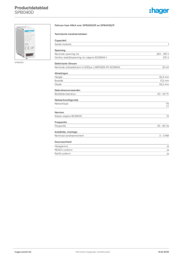 Afbeelding Hager Productdatablad SPB040D | Hager Belgium