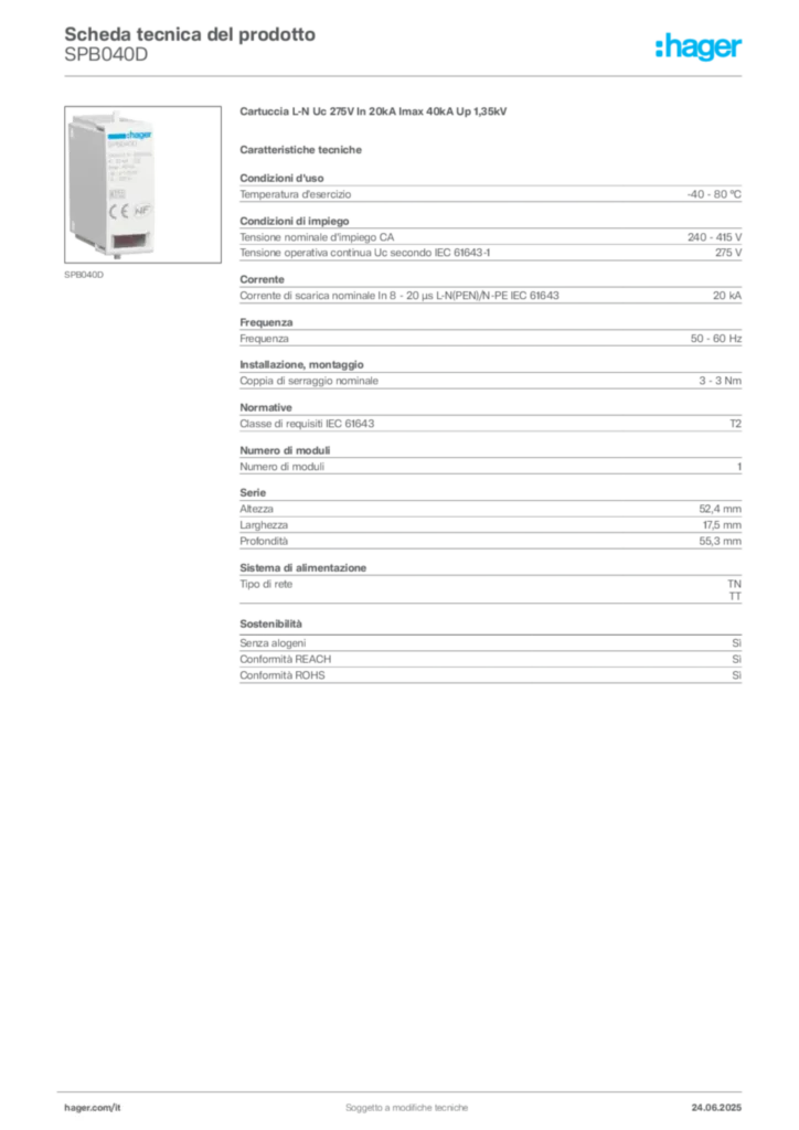 Immagine Hager Scheda tecnica del prodotto SPB040D | Hager Italia