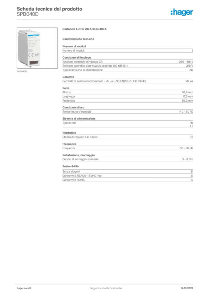 Immagine Hager Scheda tecnica del prodotto SPB040D | Hager Italia