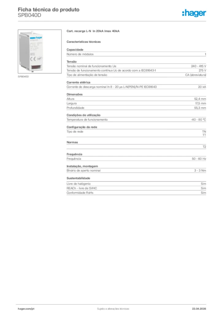 Imagem Hager Ficha técnica do produto SPB040D | Hager Portugal