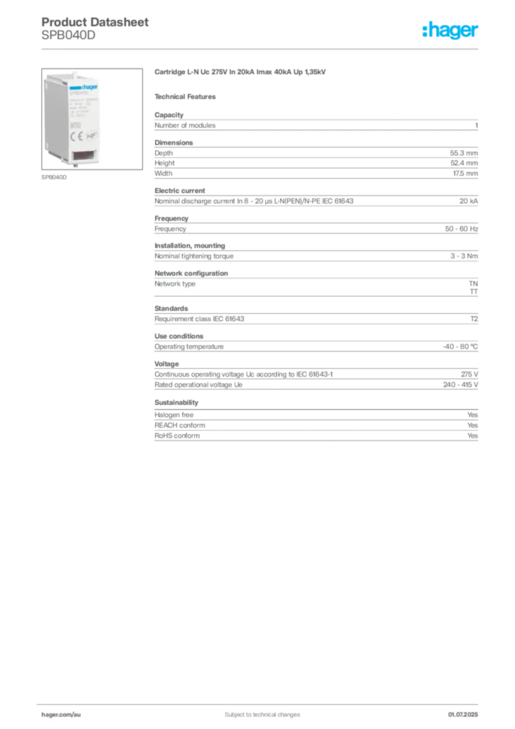 Image Hager Product data sheet SPB040D  | Hager Australia