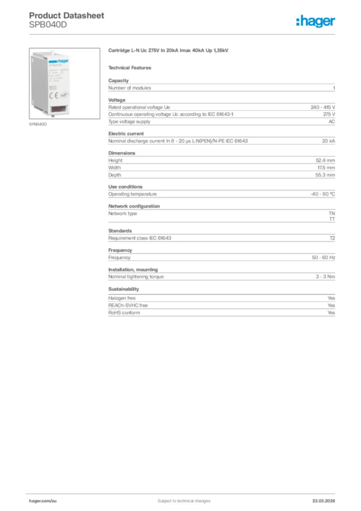 Image Hager Product data sheet SPB040D  | Hager Australia