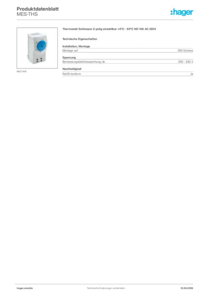 Bild Hager Produktdatenblatt MES-THS | Hager Deutschland