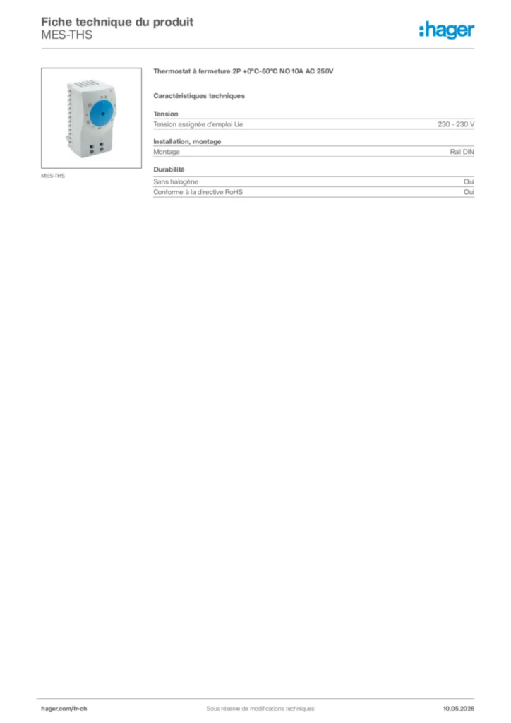 Image Hager Fiche technique du produit MES-THS | Hager Suisse