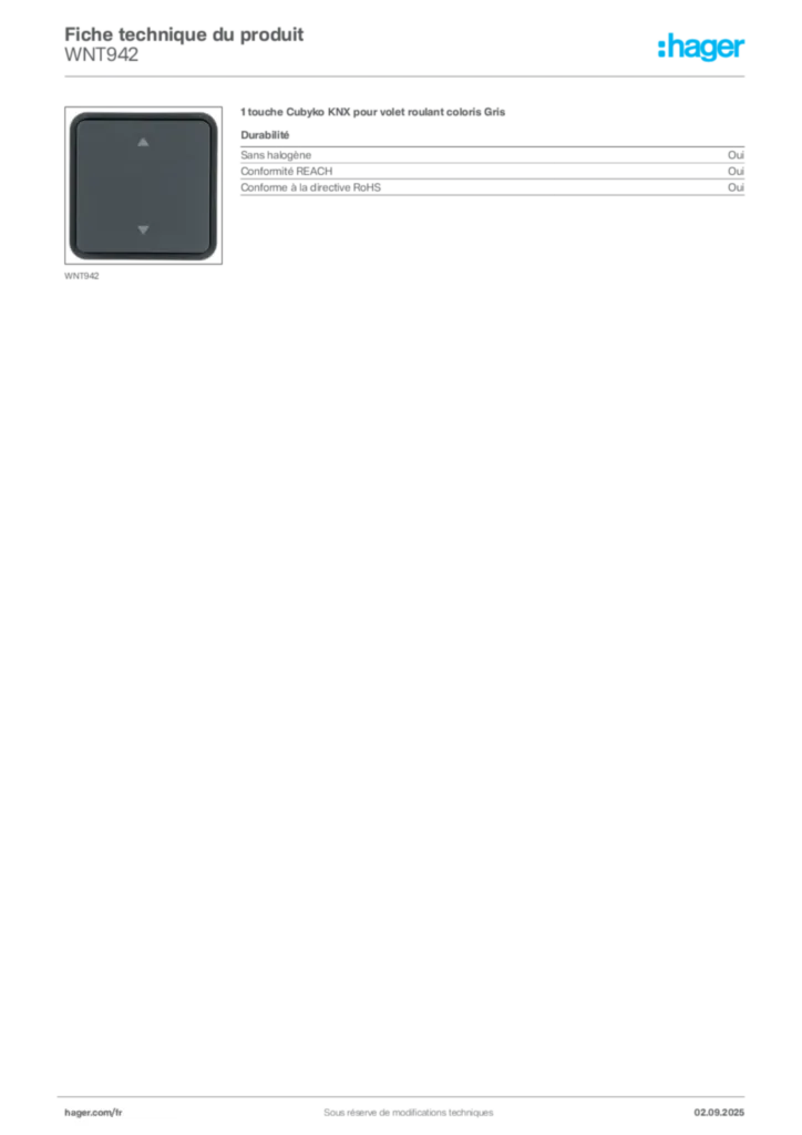 Image Hager Fiche technique du produit WNT942 | Hager France