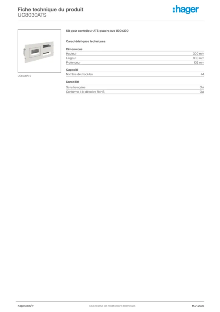 Image Hager Fiche technique du produit UC8030ATS | Hager France