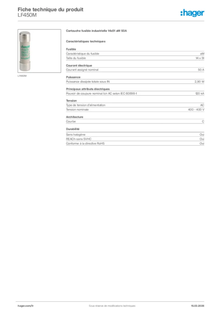 Image Hager Fiche technique du produit LF450M | Hager France