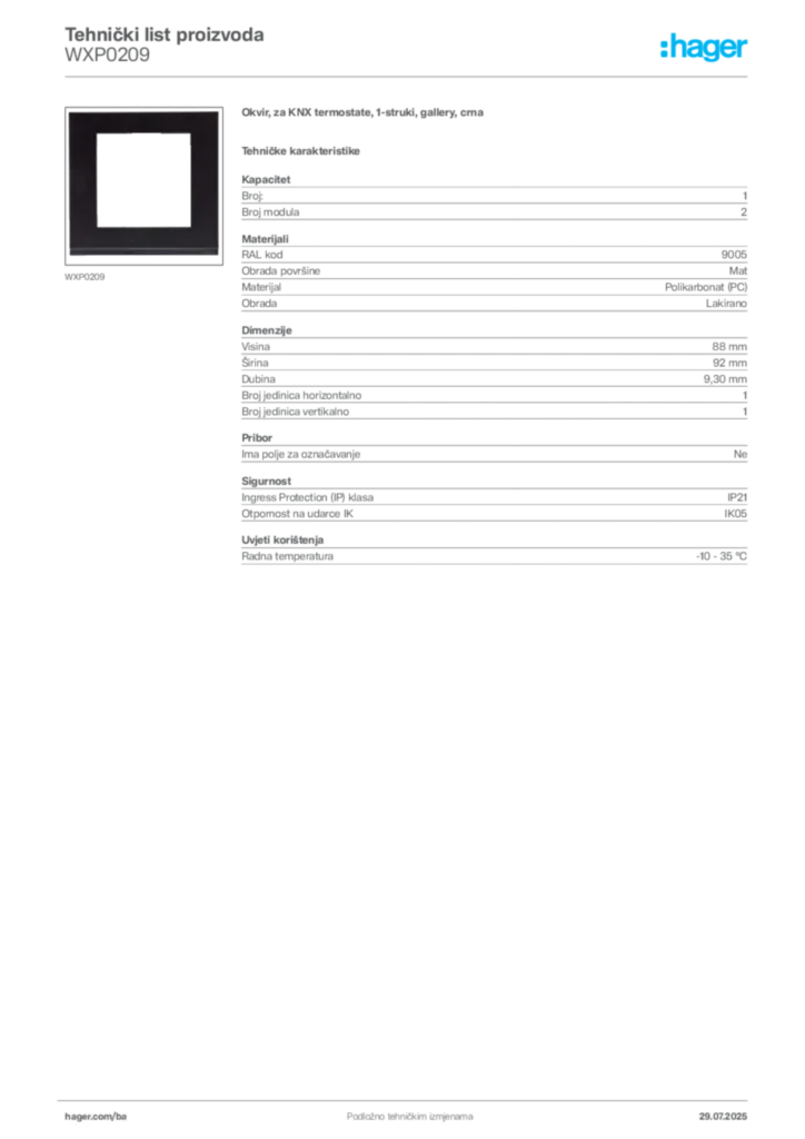 Slika Hager Product data sheet WXP0209  | Hager