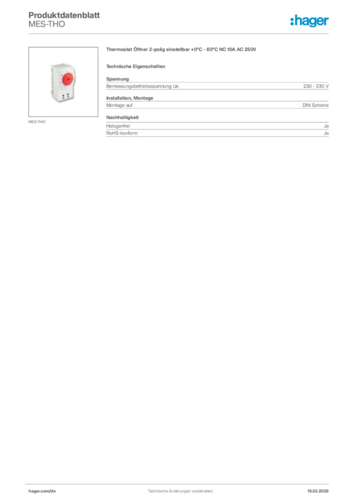 Bild Hager Produktdatenblatt MES-THO | Hager Deutschland