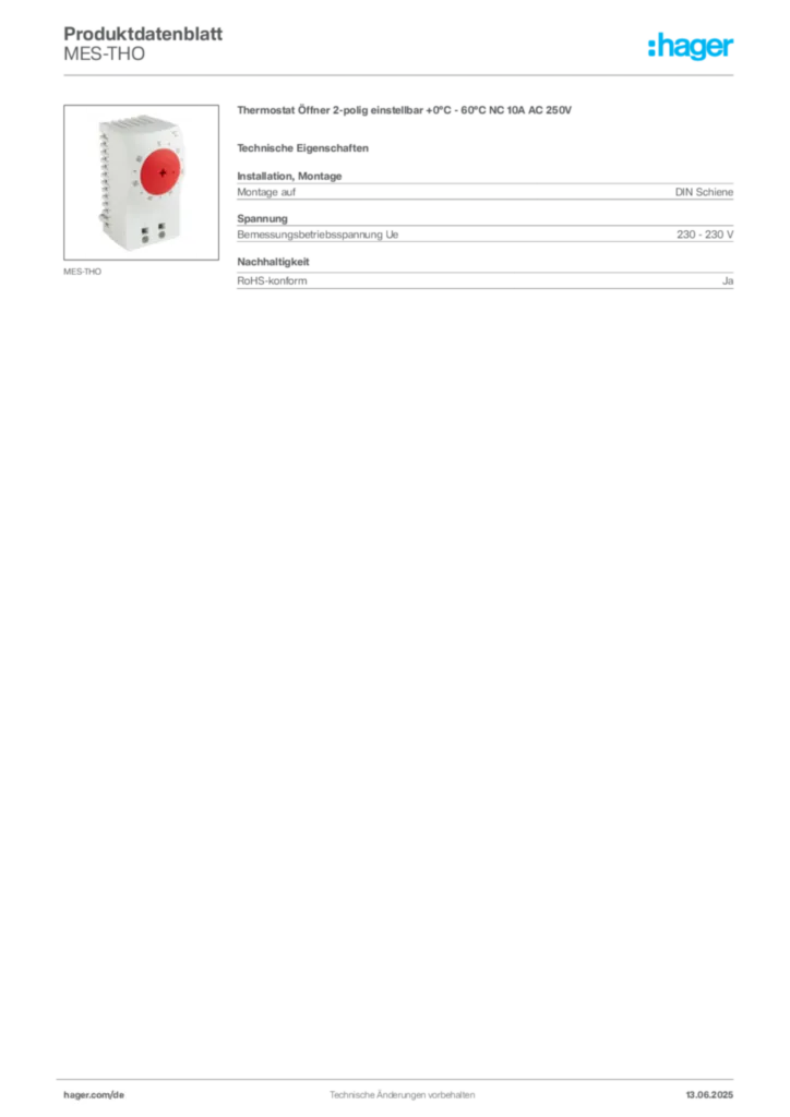 Bild Hager Produktdatenblatt MES-THO | Hager Deutschland