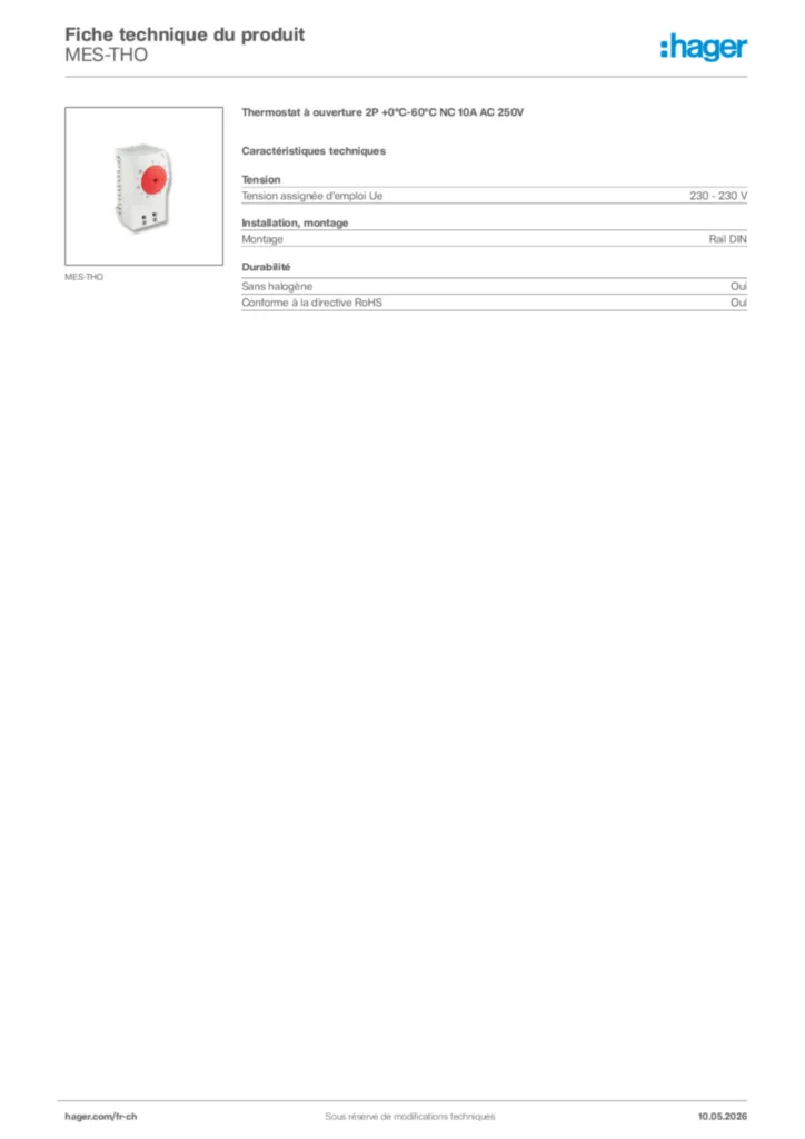 Image Hager Fiche technique du produit MES-THO | Hager Suisse