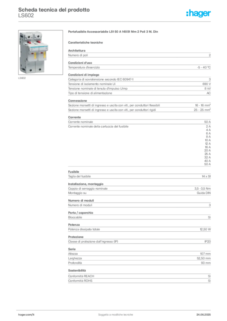 Immagine Hager Scheda tecnica del prodotto LS602 | Hager Italia