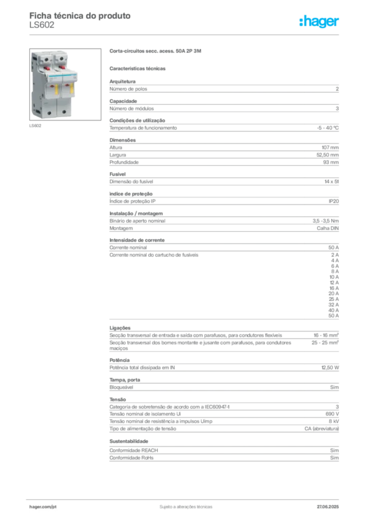 Imagem Hager Ficha técnica do produto LS602 | Hager Portugal