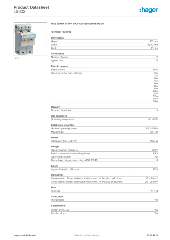 Image Hager Product data sheet LS602  | Hager