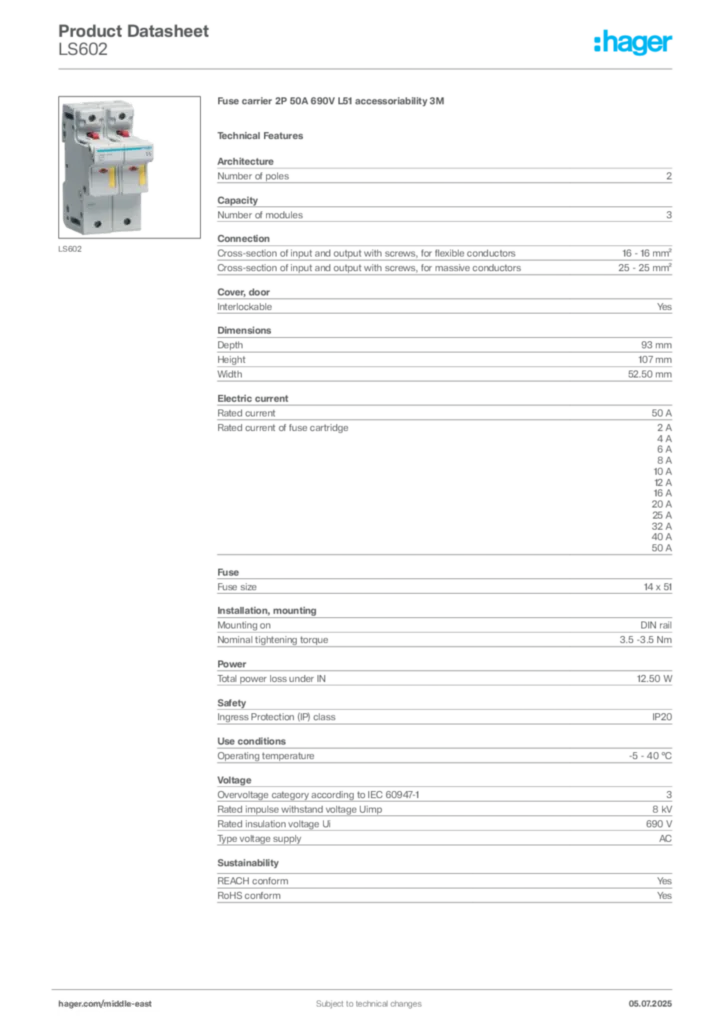 Image Hager Product data sheet LS602  | Hager