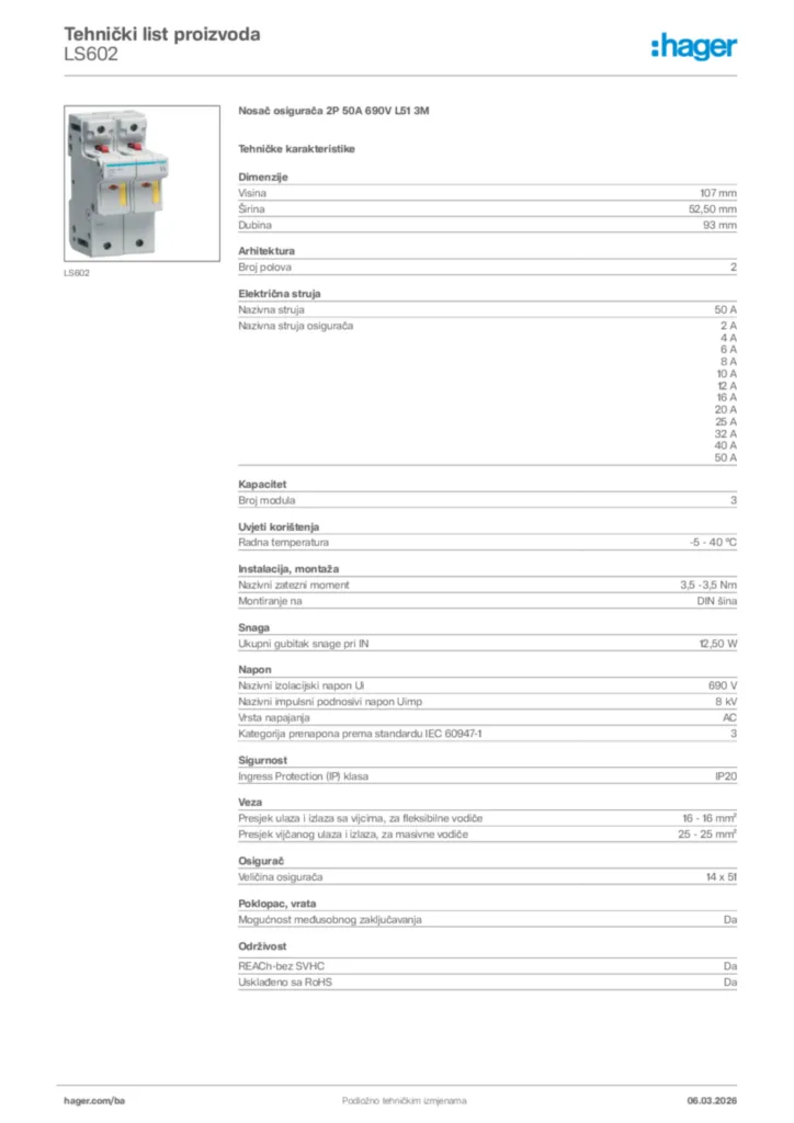 Slika Hager Tehnički list proizvoda LS602  | Hager