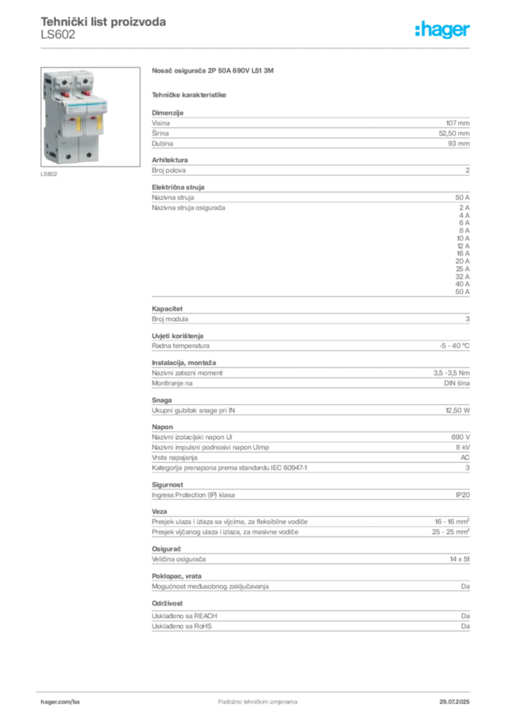 Slika Hager Product data sheet LS602  | Hager