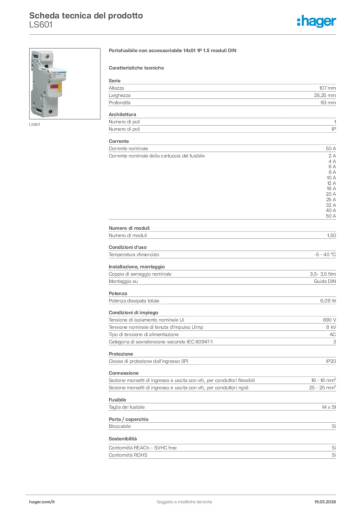 Immagine Hager Scheda tecnica del prodotto LS601 | Hager Italia