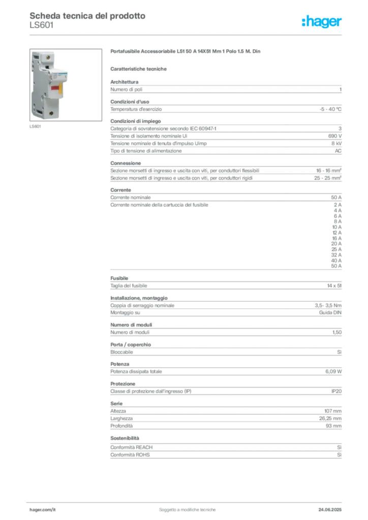 Immagine Hager Scheda tecnica del prodotto LS601 | Hager Italia