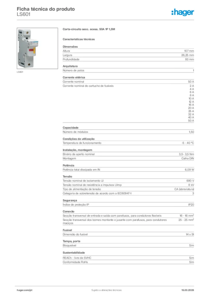 Imagem Hager Ficha técnica do produto LS601 | Hager Portugal
