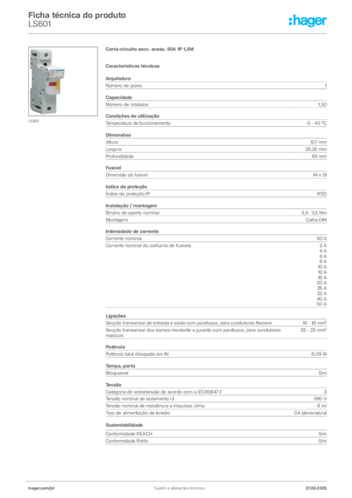 Imagem Hager Ficha técnica do produto LS601 | Hager Portugal