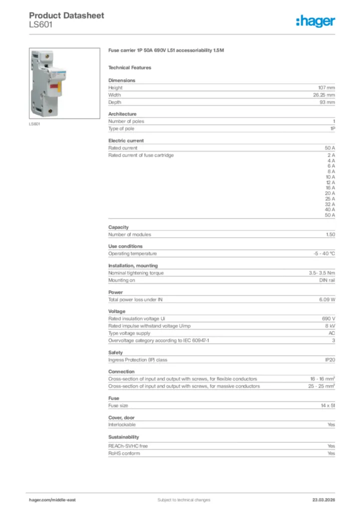 Image Hager Product data sheet LS601  | Hager