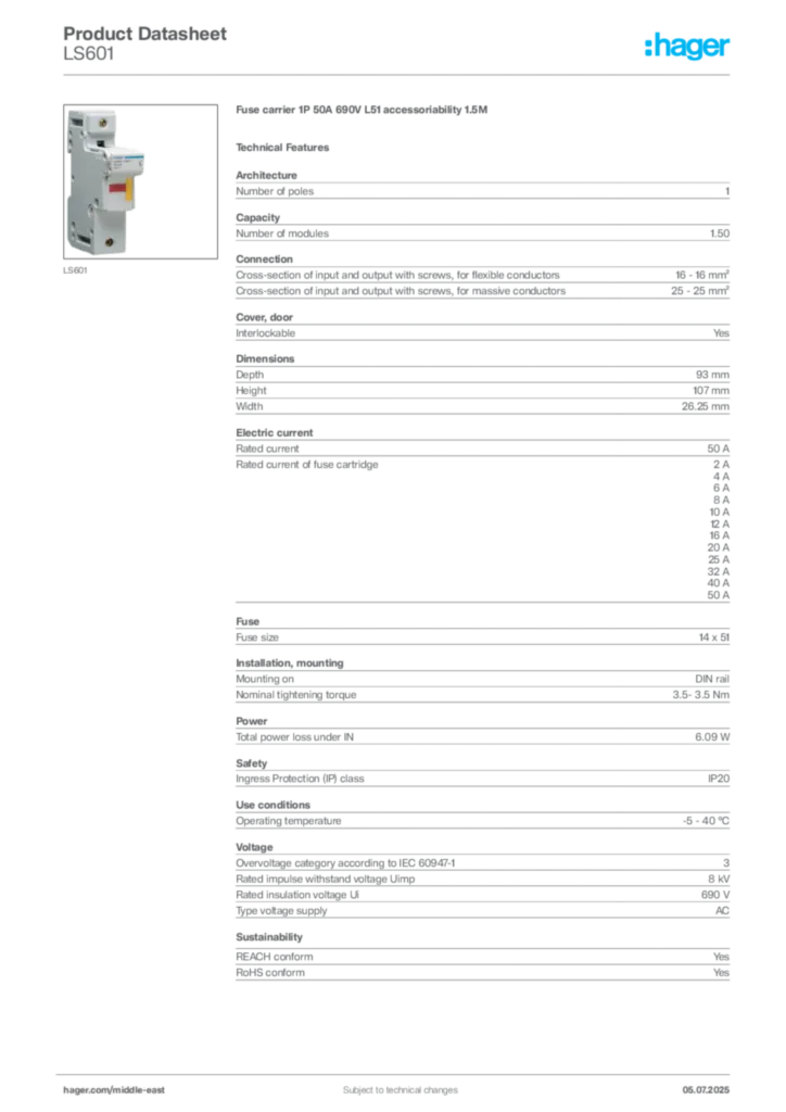 Image Hager Product data sheet LS601  | Hager